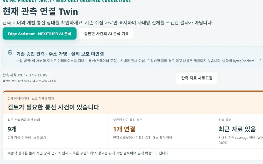 현재 관측 연결 요약 화면. 검토가 필요한 통신 사건이 있다는 안내와 함께 관측 범위, 실제 보호 미연결 상태가 표시됩니다.